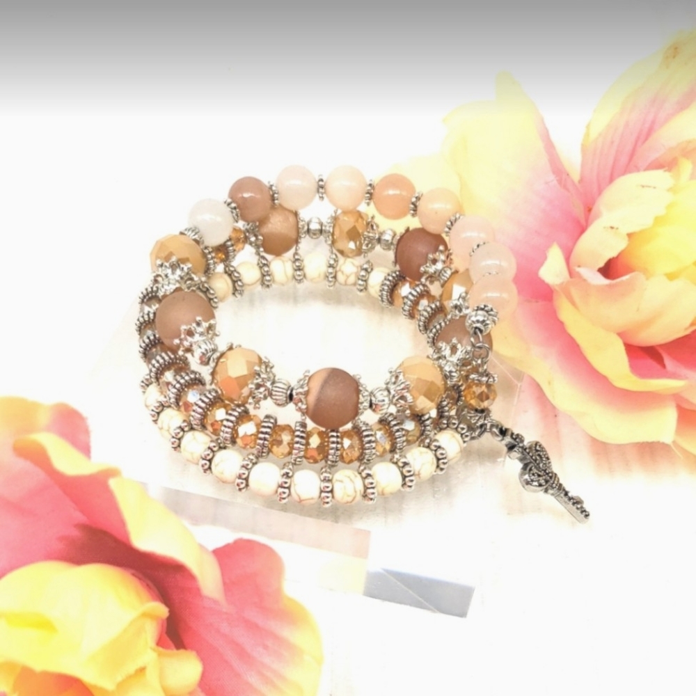 Champagne Wishes Memory Wrap Bead Bracelet with Marcasite Key Charm